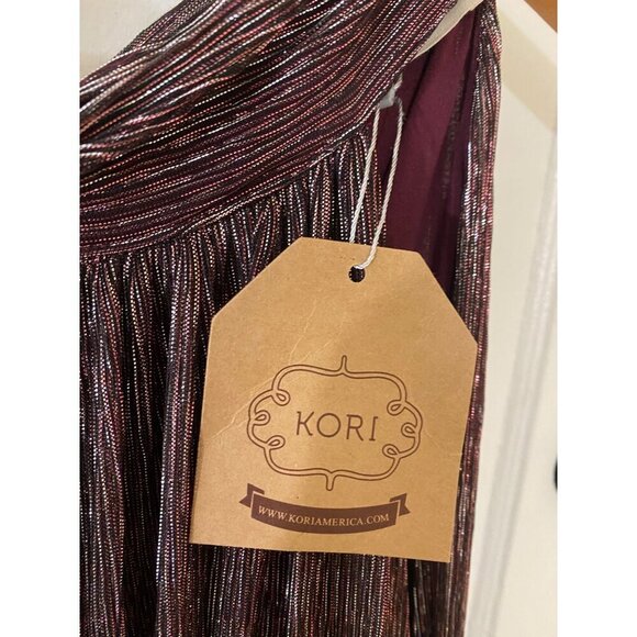 NWT Kori Women's Wide Leg Burgundy Metallic Halter Jumpsuit - Large - Picture 2 of 14